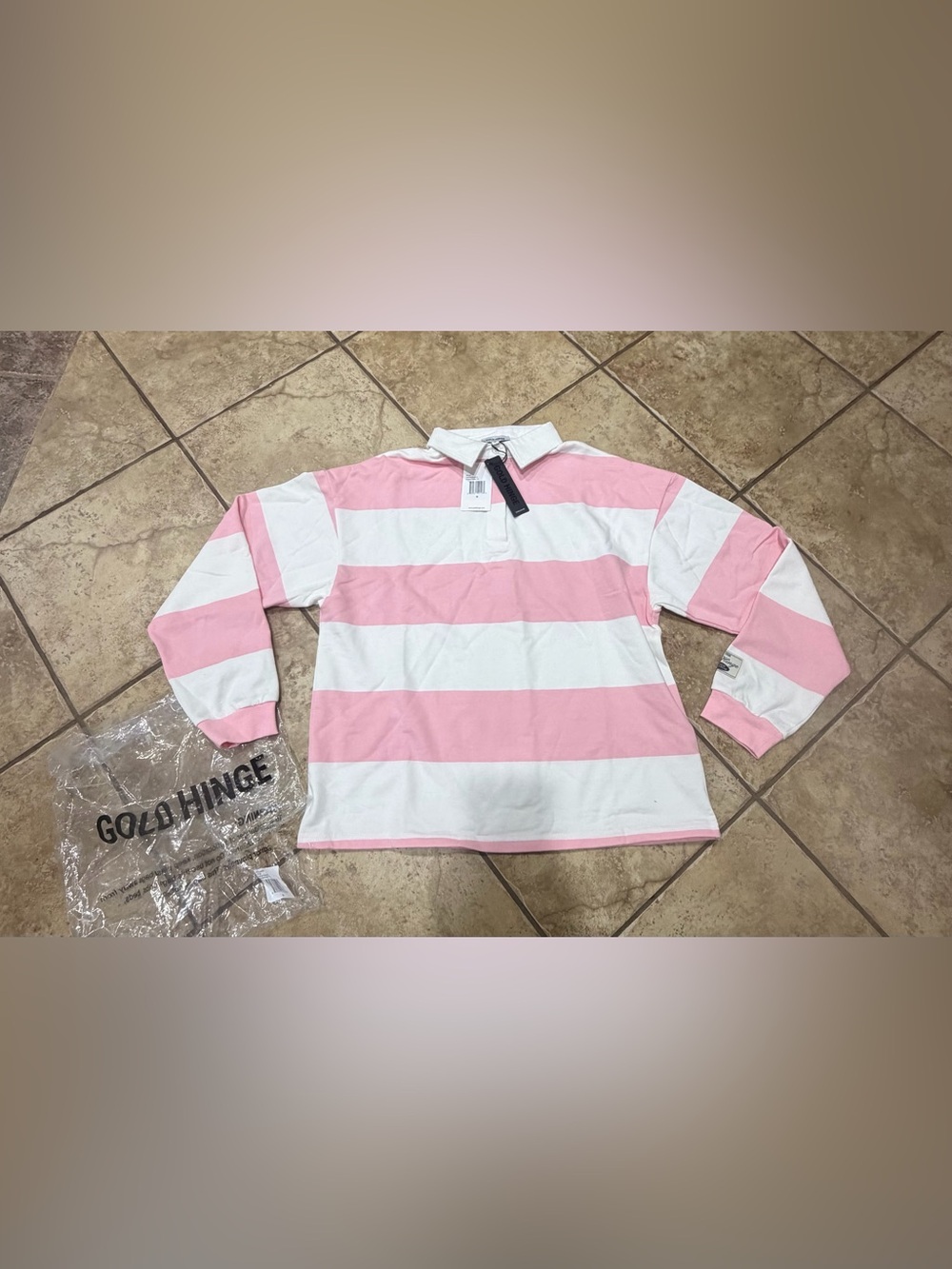 Gold Hinge Almond Blossom Striped Rugby Top Pink White Oversized Size M